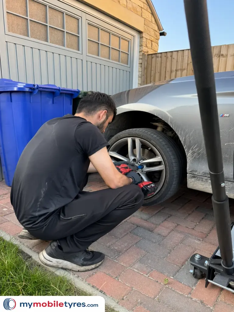 Mobile tyre fitter working on a car tyre in Oxford